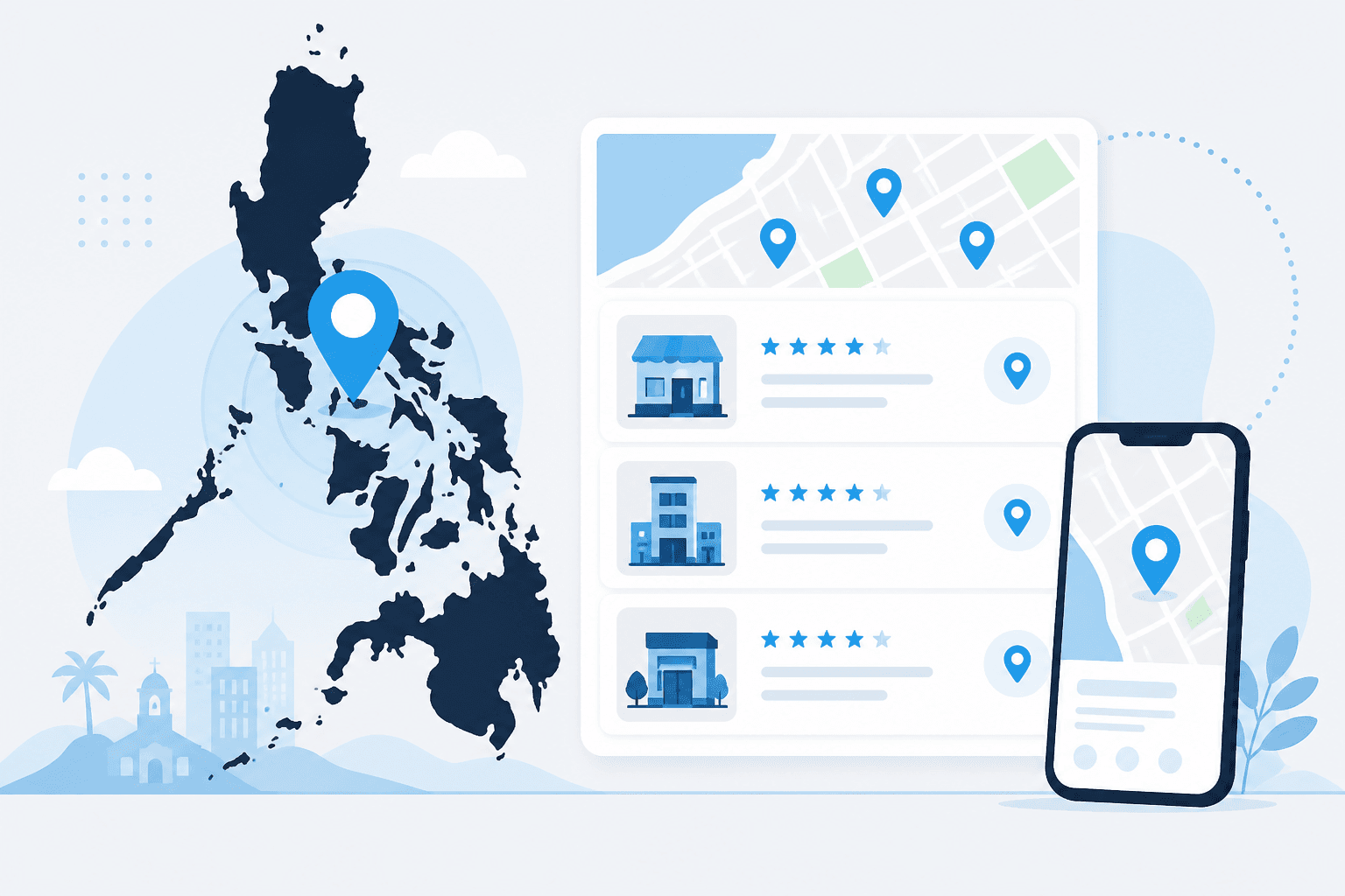 Illustration of local SEO for Philippine businesses: map pin, listing cards, and mobile search